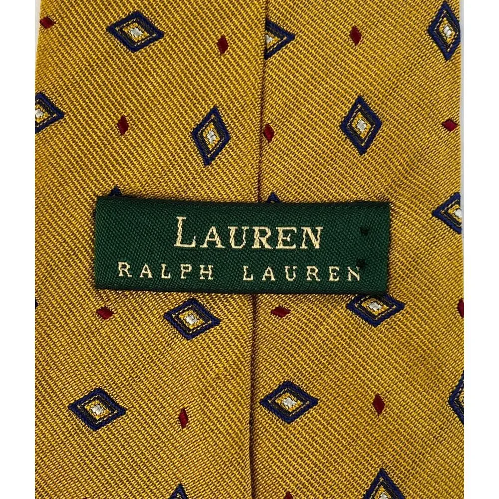 Lauren Ralph Lauren Yellow Silk Tie Blue Red Diamond Geometric USA Made